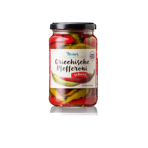 Von Hand eingelegte, griechische, scharfe Pfefferoni im 370 ml. Glas