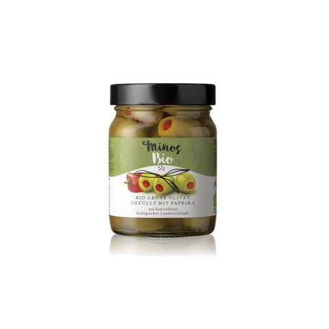 Griechische, grüne BIO-Oliven gefüllt mit Paprika im 370 ml. Glas